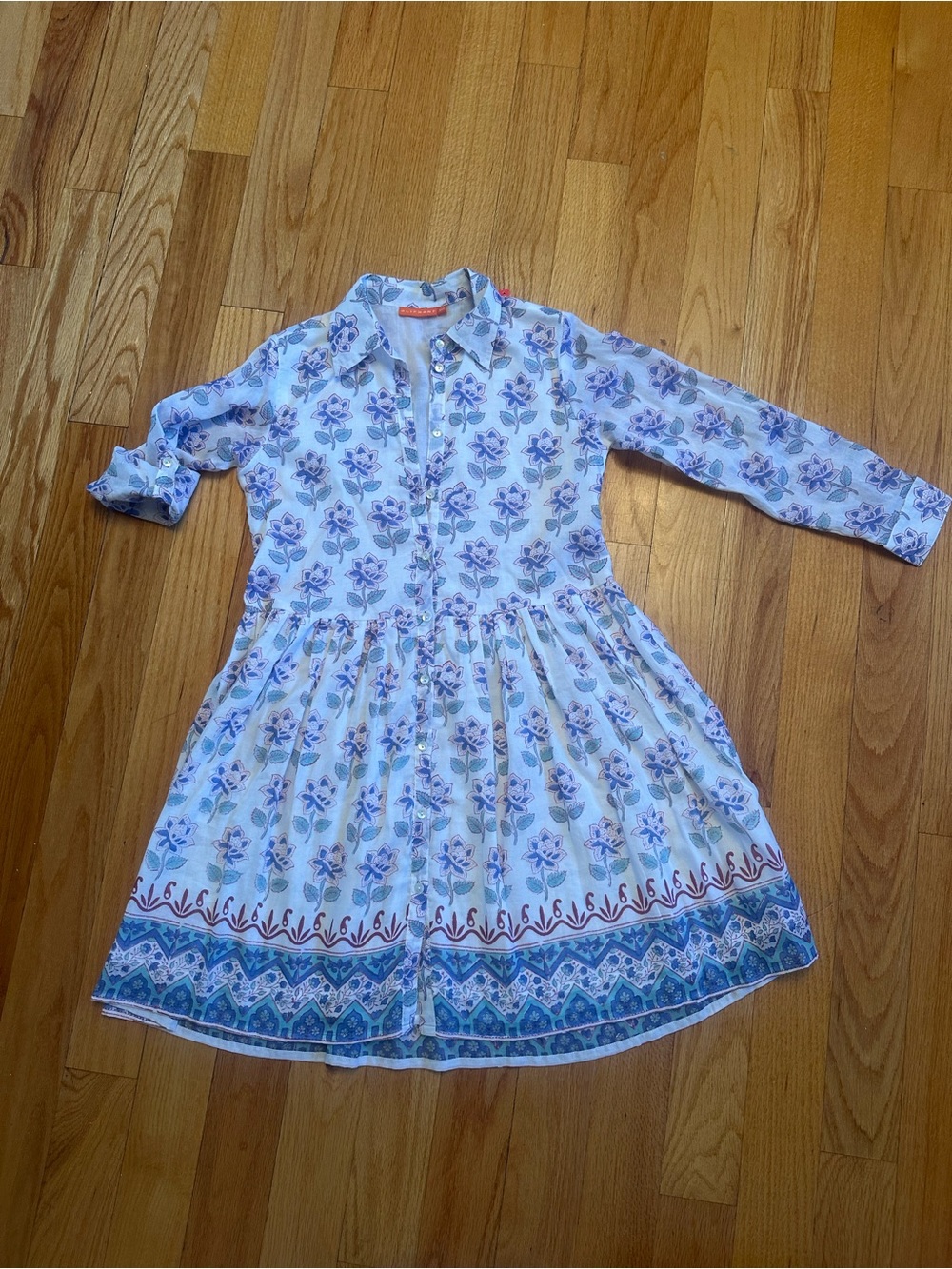 Oliphant Blue and Teal Floral Long-Sleeve Shirt Dress
